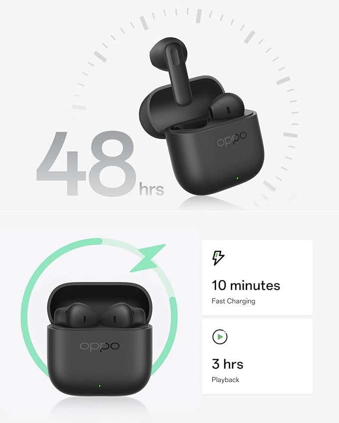 OPPO Enco Buds3 True Wireless Earbuds, 48-hour Battery Life, 12.4mm Dynamic Driver Unit, Bluetooth 5.4, Touch Controls, Passive Noise Cancellation, Compatible with Android and iOS, IP55, Black