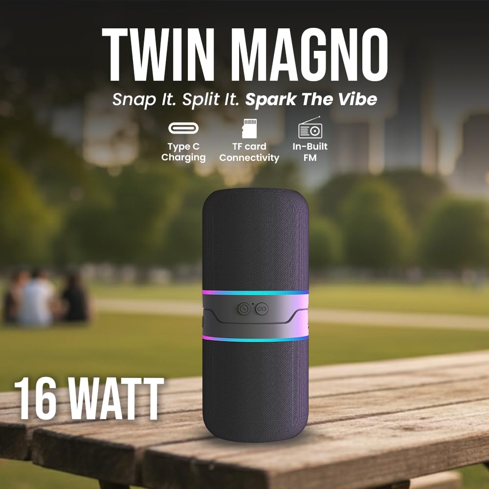 Toreto Twin Magno Magnetic Wireless Bluetooth Speaker 16W | Detachable Dual Speakers, RGB Lights, 6H Playtime, TWS Stereo Mode, Type-C Charging | Portable Wireless Speaker | Black | 1 Year Warranty