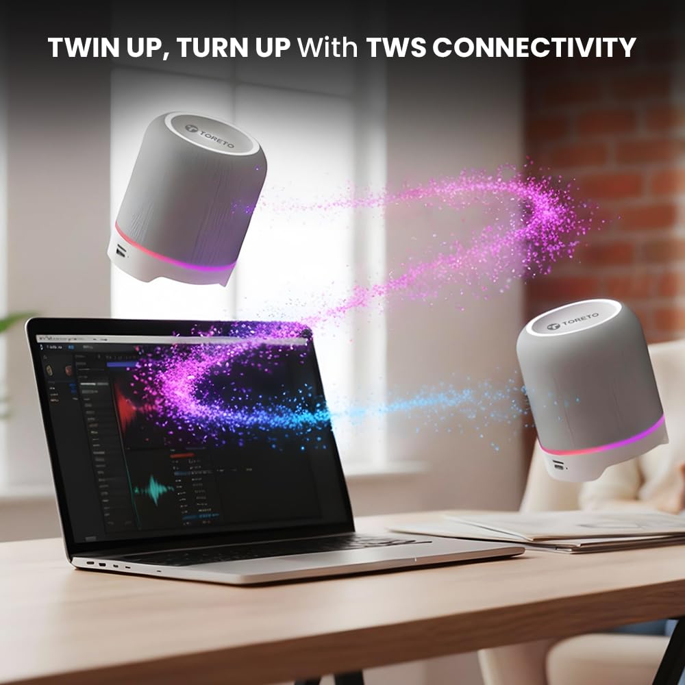 Toreto Twin Magno Magnetic Wireless Bluetooth Speaker 16W | Detachable Dual Speakers, RGB Lights, 6H Playtime, TWS Stereo Mode, Type-C Charging | Portable Wireless Speaker | Black | 1 Year Warranty