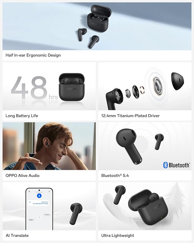 OPPO Enco Buds3 True Wireless Earbuds, 48-hour Battery Life, 12.4mm Dynamic Driver Unit, Bluetooth 5.4, Touch Controls, Passive Noise Cancellation, Compatible with Android and iOS, IP55, Black
