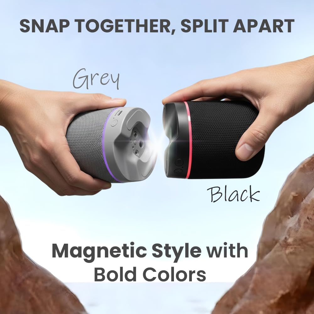 Toreto Twin Magno Magnetic Wireless Bluetooth Speaker 16W | Detachable Dual Speakers, RGB Lights, 6H Playtime, TWS Stereo Mode, Type-C Charging | Portable Wireless Speaker | Black | 1 Year Warranty
