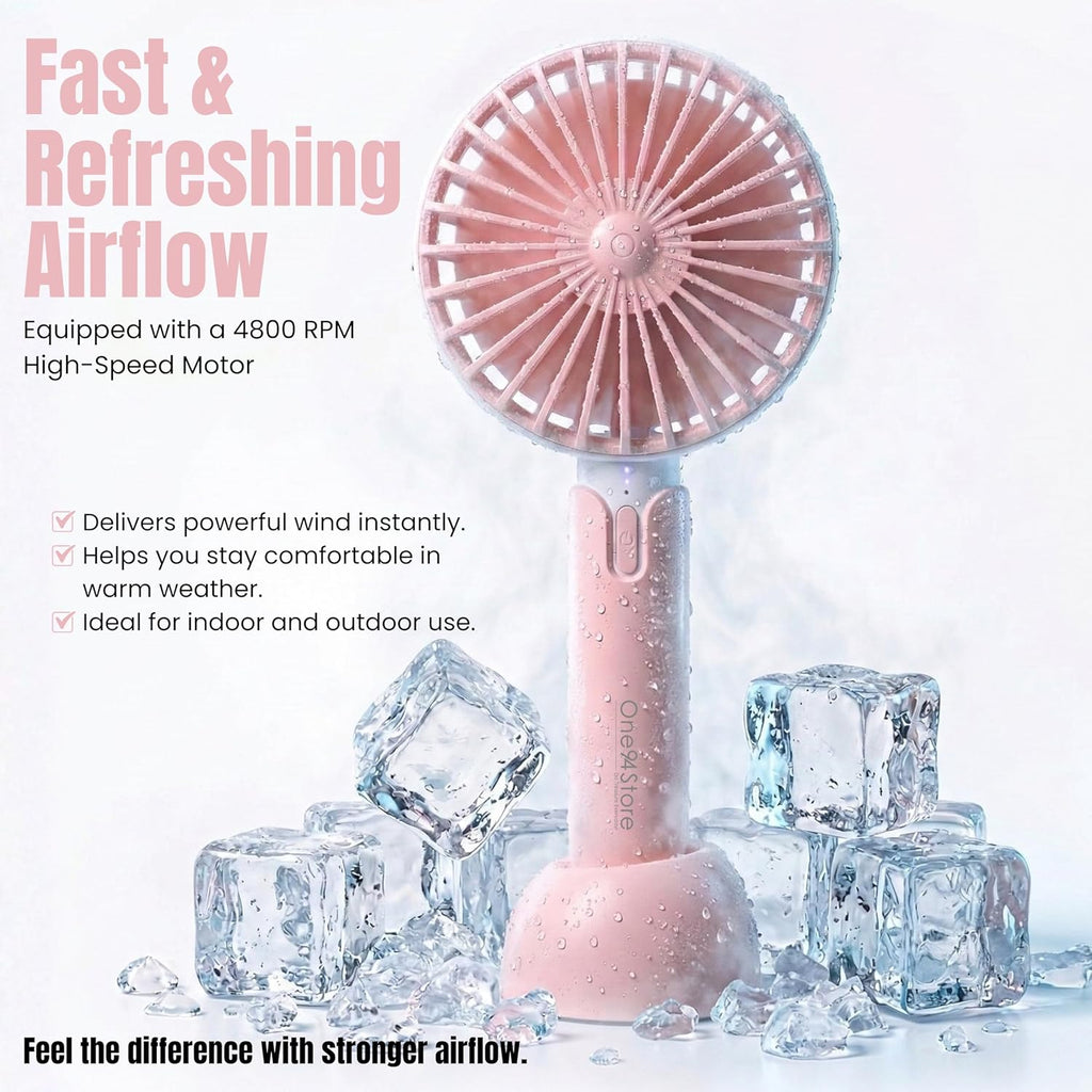 High Speed Portable USB Hand Fan, 4800 RPM, 1200mAh Rechargeable Battery, Up to 6H Runtime, 3 Speed Modes for Travel, Office & Makeup, Pink – Mini Fan, Hand Fan, Small Fan, USB Fan