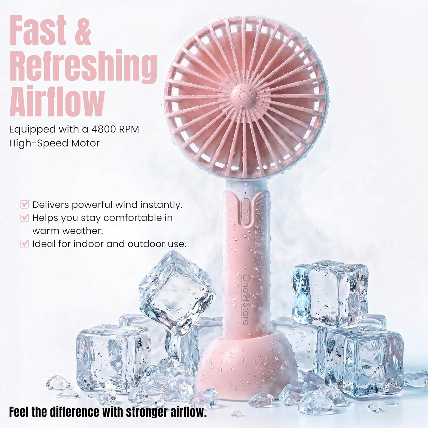High Speed Portable USB Hand Fan, 4800 RPM, 1200mAh Rechargeable Battery, Up to 6H Runtime, 3 Speed Modes for Travel, Office & Makeup, Pink – Mini Fan, Hand Fan, Small Fan, USB Fan