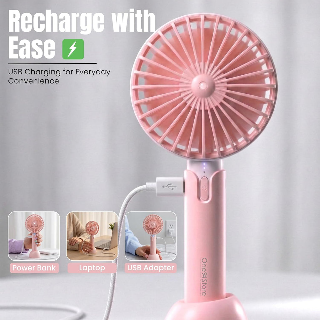 High Speed Portable USB Hand Fan, 4800 RPM, 1200mAh Rechargeable Battery, Up to 6H Runtime, 3 Speed Modes for Travel, Office & Makeup, Pink – Mini Fan, Hand Fan, Small Fan, USB Fan
