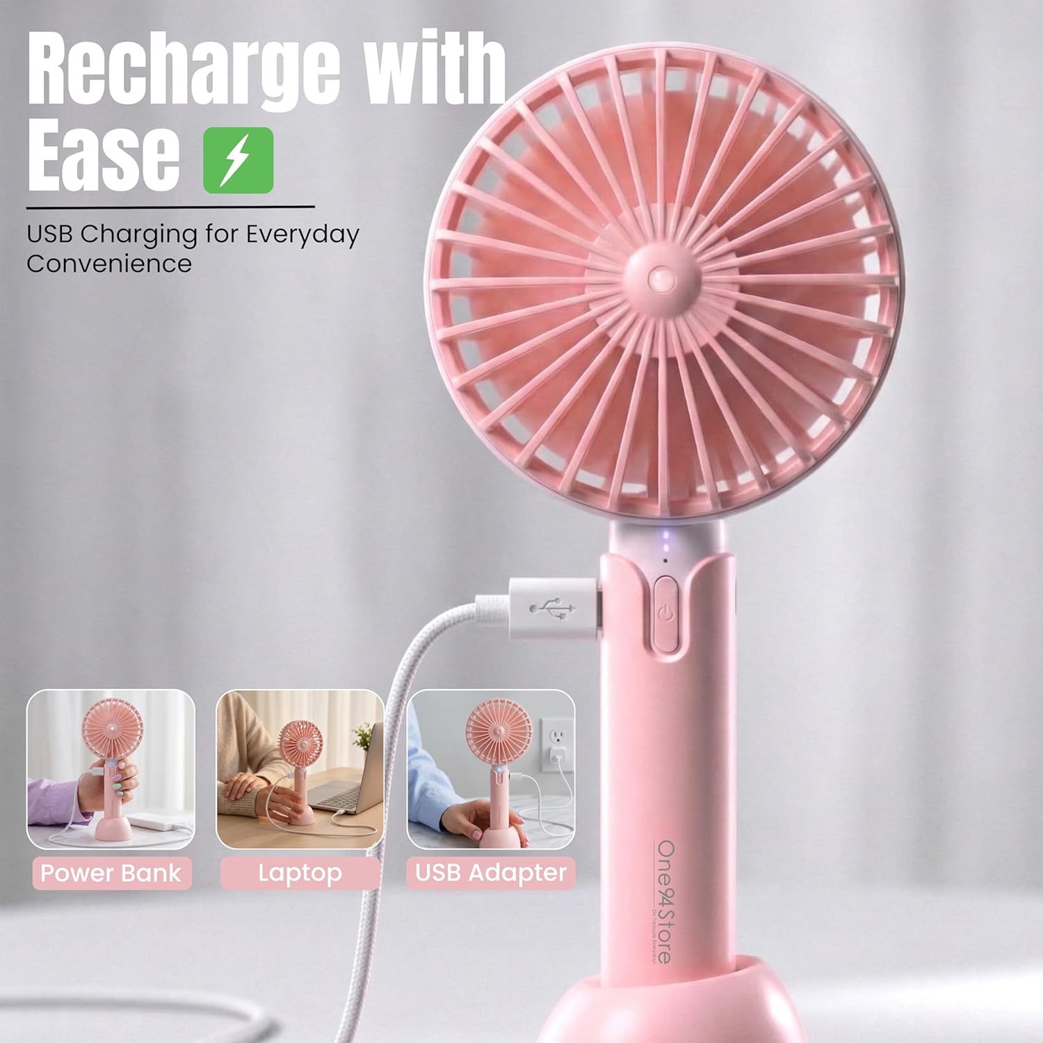 High Speed Portable USB Hand Fan, 4800 RPM, 1200mAh Rechargeable Battery, Up to 6H Runtime, 3 Speed Modes for Travel, Office & Makeup, Pink – Mini Fan, Hand Fan, Small Fan, USB Fan