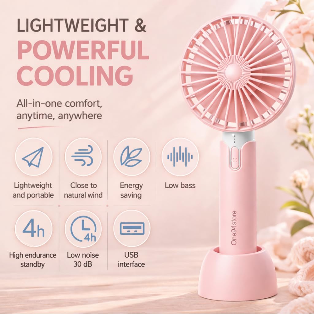 High Speed Portable USB Hand Fan, 4800 RPM, 1200mAh Rechargeable Battery, Up to 6H Runtime, 3 Speed Modes for Travel, Office & Makeup, Pink – Mini Fan, Hand Fan, Small Fan, USB Fan