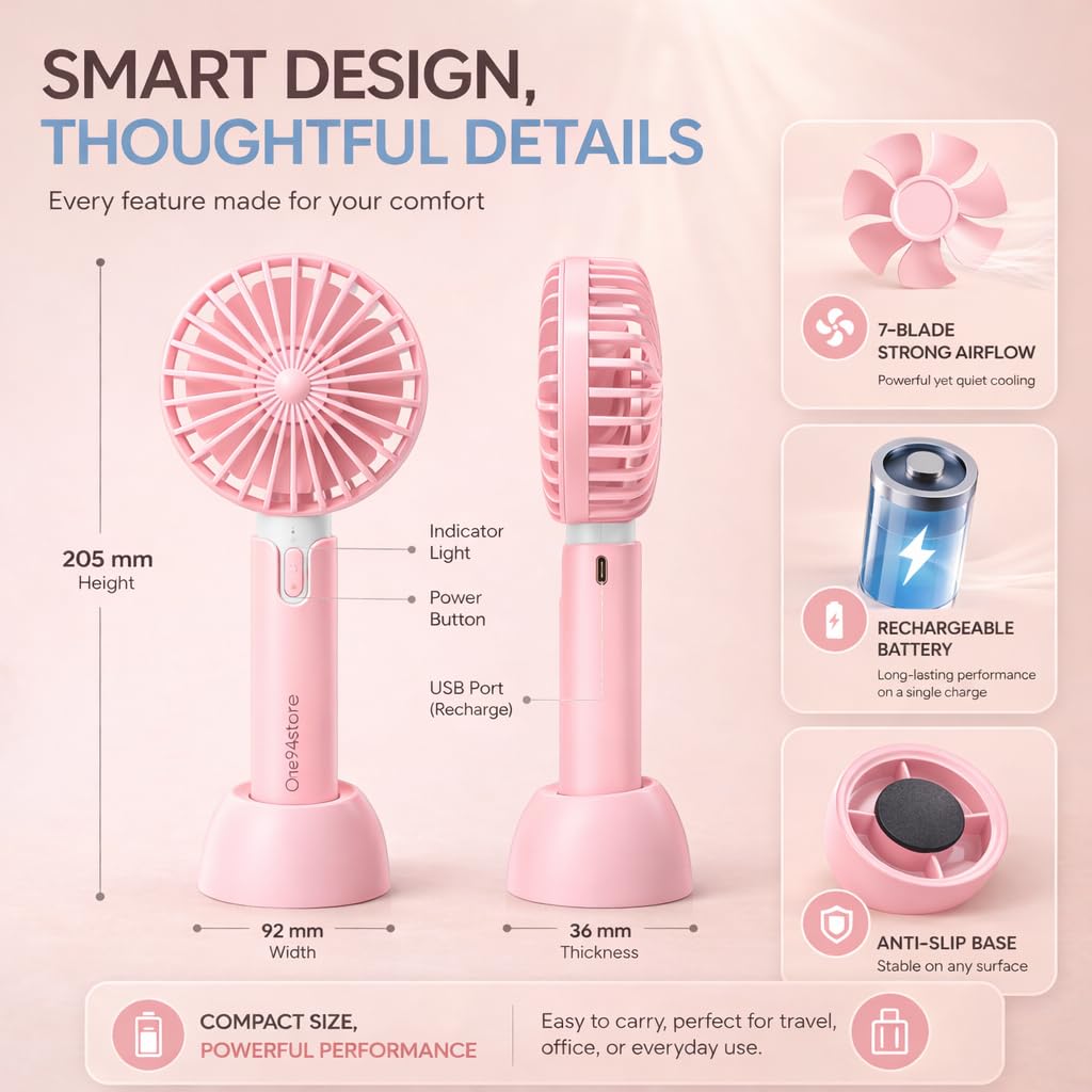 High Speed Portable USB Hand Fan, 4800 RPM, 1200mAh Rechargeable Battery, Up to 6H Runtime, 3 Speed Modes for Travel, Office & Makeup, Pink – Mini Fan, Hand Fan, Small Fan, USB Fan
