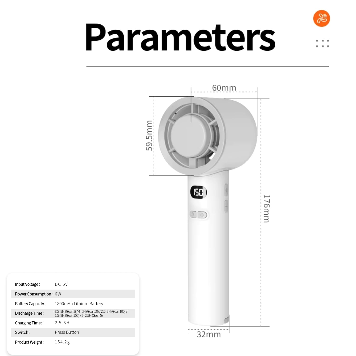 Portable Hand Fan | 1800mAh Rechargeable Battery | Digital Display | Touch Control | 3 Speed Modes with 150 speed dailing Button | Personal Cooling Fan for Home, Office & Travel - white