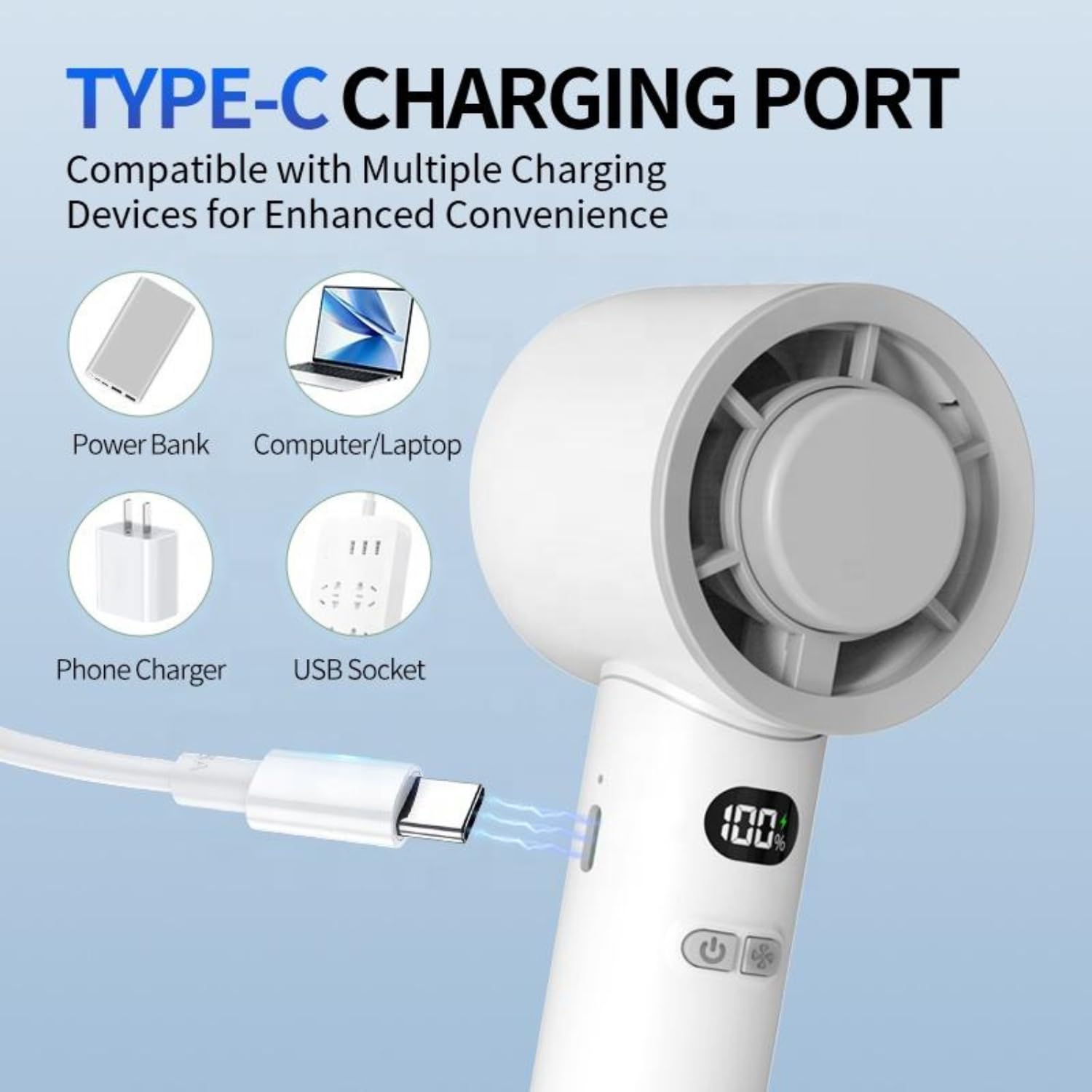Portable Hand Fan | 1800mAh Rechargeable Battery | Digital Display | Touch Control | 3 Speed Modes with 150 speed dailing Button | Personal Cooling Fan for Home, Office & Travel - white