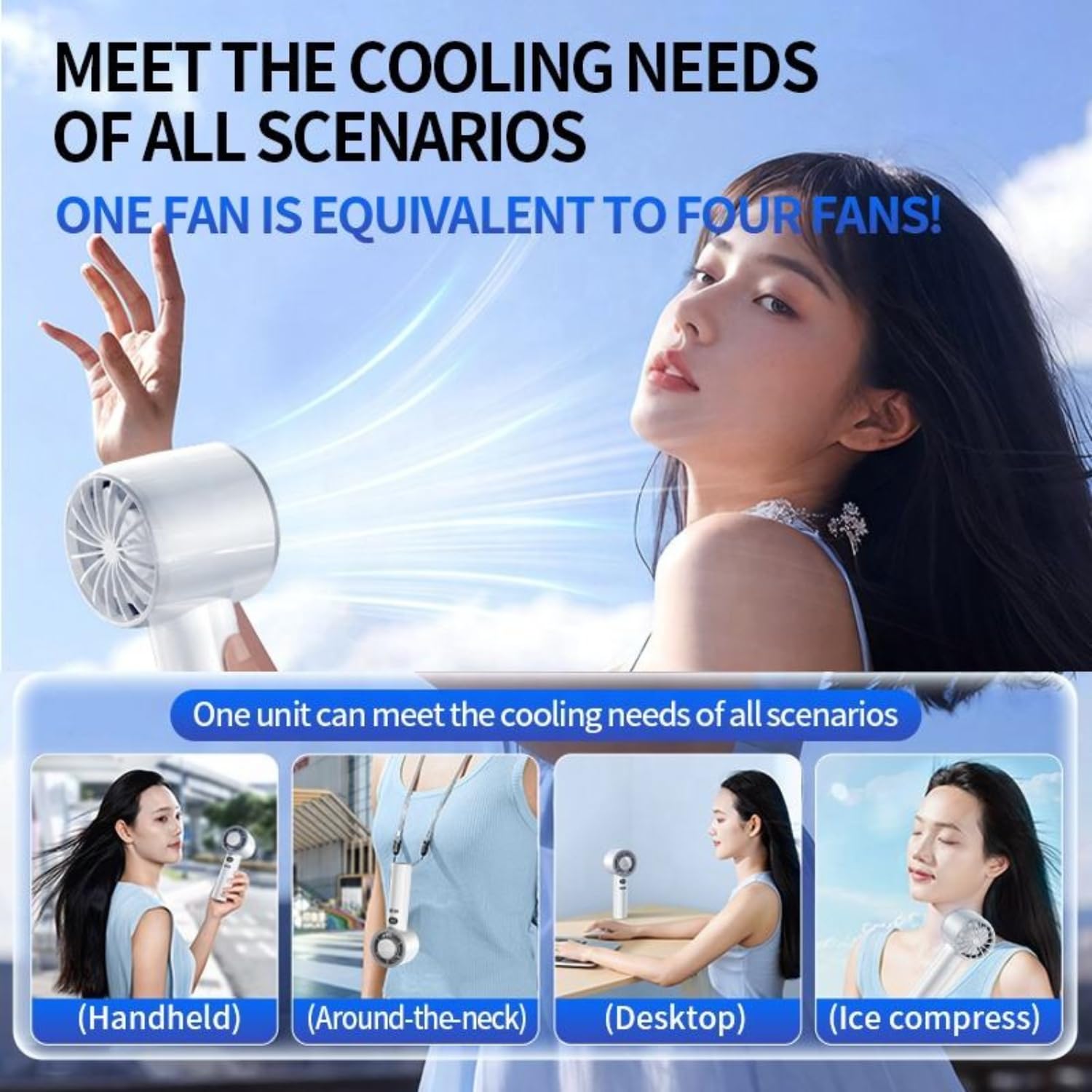 Portable Hand Fan | 1800mAh Rechargeable Battery | Digital Display | Touch Control | 3 Speed Modes with 150 speed dailing Button | Personal Cooling Fan for Home, Office & Travel - white