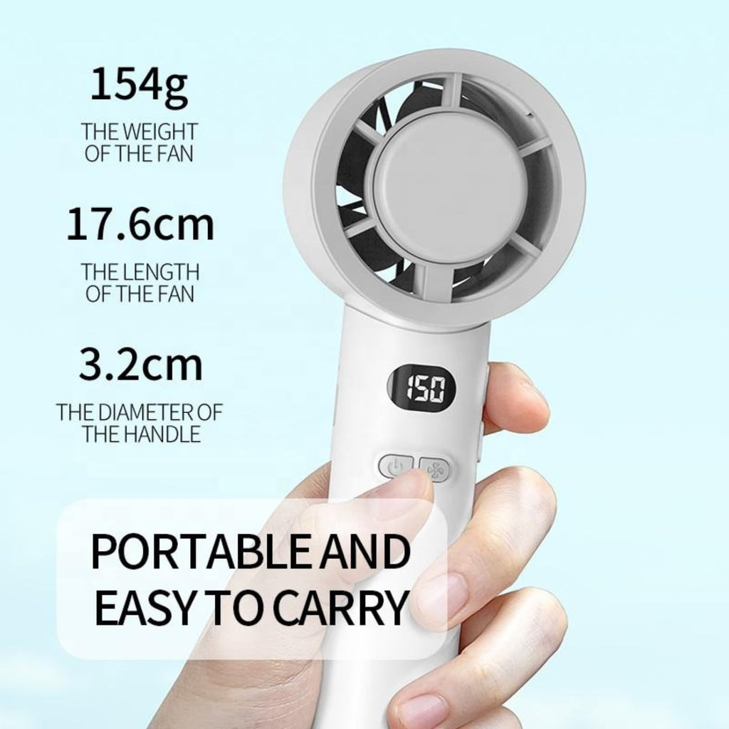 Portable Hand Fan | 1800mAh Rechargeable Battery | Digital Display | Touch Control | 3 Speed Modes with 150 speed dailing Button | Personal Cooling Fan for Home, Office & Travel - white