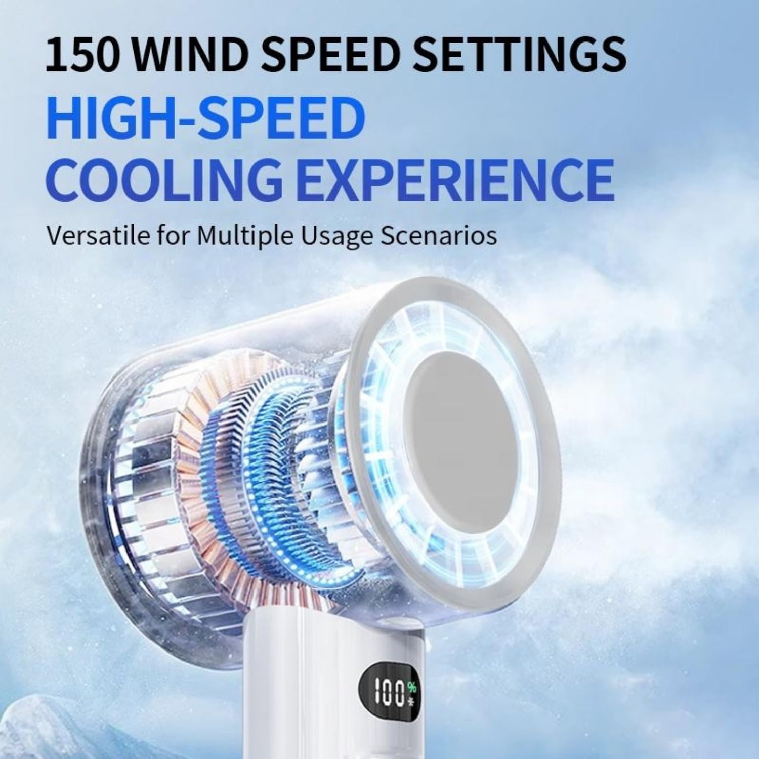 Portable Hand Fan | 1800mAh Rechargeable Battery | Digital Display | Touch Control | 3 Speed Modes with 150 speed dailing Button | Personal Cooling Fan for Home, Office & Travel - white