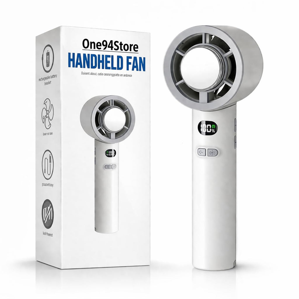 Portable Hand Fan | 1800mAh Rechargeable Battery | Digital Display | Touch Control | 3 Speed Modes with 150 speed dailing Button | Personal Cooling Fan for Home, Office & Travel - white